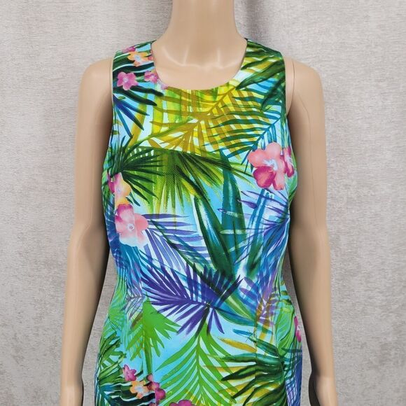 Maggy London Silk Blue Green Tropical Print Sleeveless Midi Sheath Dress Y2K - Picture 3 of 10